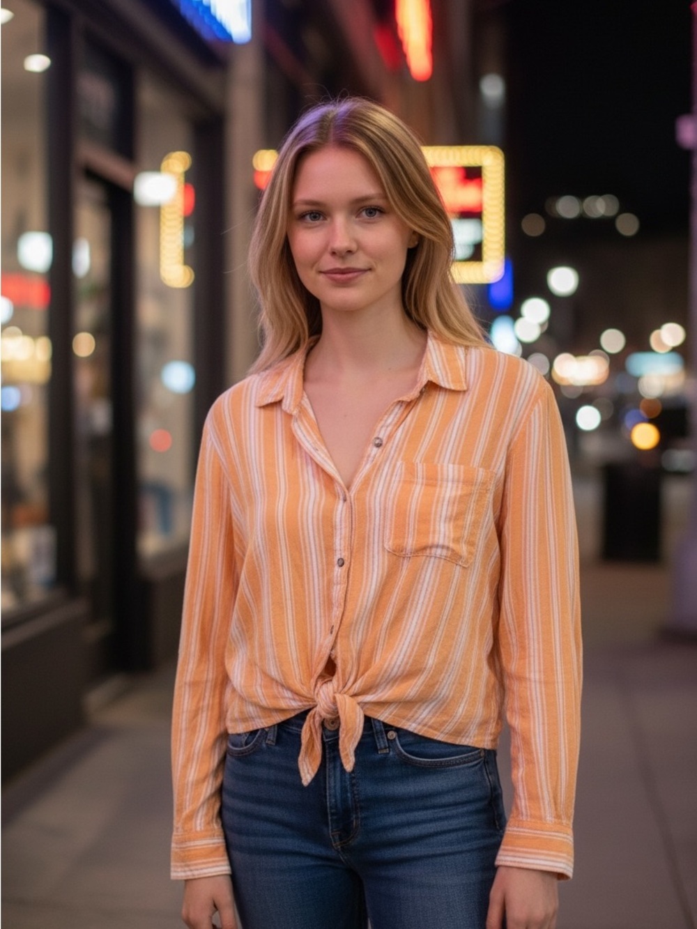 Aeropostale Shirt L Peach & White Striped Tie-Front Button-Down Cropped